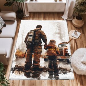 Nurturing Bonds: Personalized Firefighter-Themed Rugs for Dad and Daughter, Firefighter Rugs for Living Room Bedroom, Firefighter Rectangular Rugs Full Size FR117