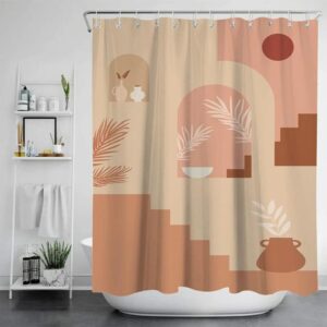 Palm Leaves Terracota Vase Boho Shower Curtain, Bohemian House Pink Brown Earth Color Fabric Bathroom Curtain