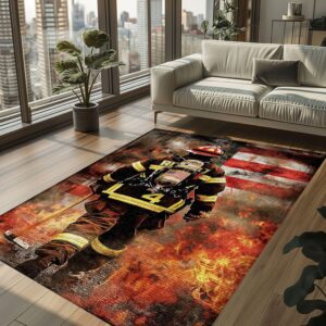 Patriotic Firefighter Rectangular Rug: American Flag Design, Firefighter Rugs for Living Room Bedroom, Firefighter Rectangular Rugs Full Size FR162