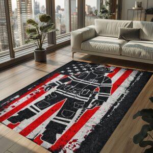 Personalized Courage Underfoot: Firefighter Rectangular Rug with American Flag Motif, Firefighter Rugs for Living Room Bedroom, Firefighter Rectangular Rugs Full Size FR175