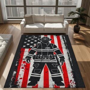 Personalized Courage Underfoot: Firefighter Rectangular Rug with American Flag Motif, Firefighter Rugs for Living Room Bedroom, Firefighter Rectangular Rugs Full Size FR175