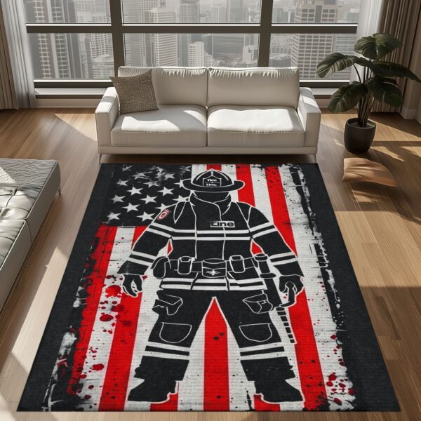 Personalized Courage Underfoot: Firefighter Rectangular Rug with American Flag Motif, Firefighter Rugs for Living Room Bedroom, Firefighter Rectangular Rugs Full Size FR175