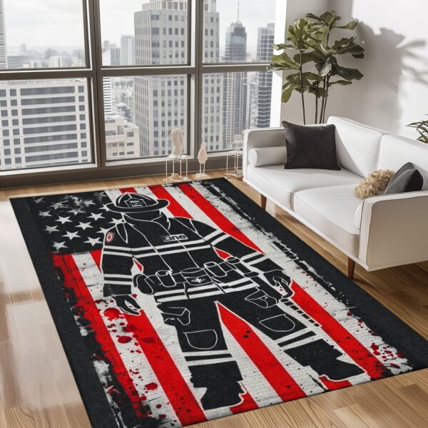 Personalized Courage Underfoot: Firefighter Rectangular Rug with American Flag Motif, Firefighter Rugs for Living Room Bedroom, Firefighter Rectangular Rugs Full Size FR175
