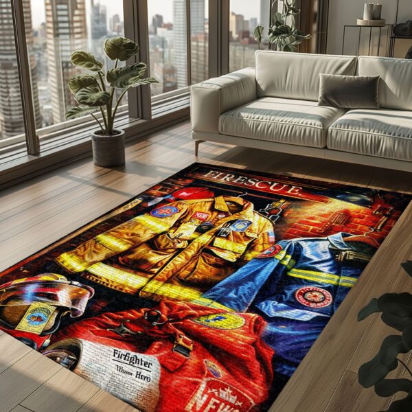 Personalized Firefighter's Gear and Memorabilia Rug: Tribute to Heroes, Firefighter Rugs for Living Room Bedroom, Firefighter Rectangular Rugs Full Size FR136