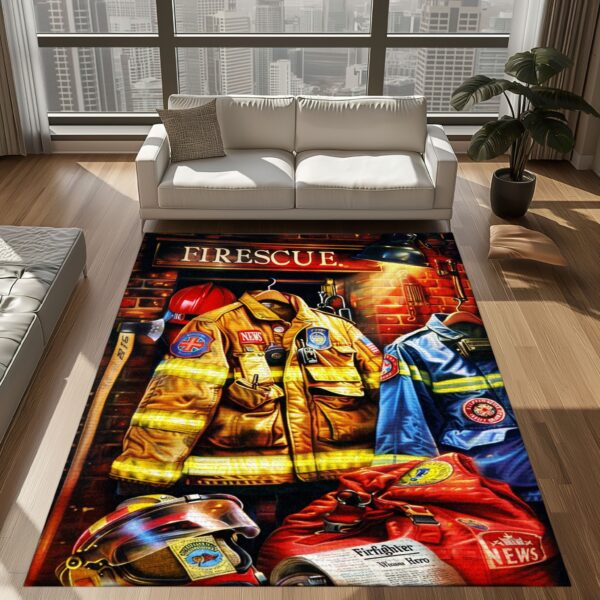 Personalized Firefighter's Gear and Memorabilia Rug: Tribute to Heroes, Firefighter Rugs for Living Room Bedroom, Firefighter Rectangular Rugs Full Size FR136