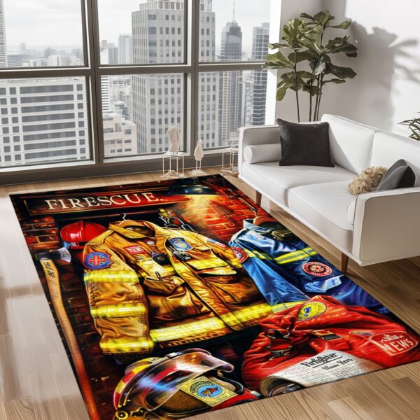 Personalized Firefighter's Gear and Memorabilia Rug: Tribute to Heroes, Firefighter Rugs for Living Room Bedroom, Firefighter Rectangular Rugs Full Size FR136