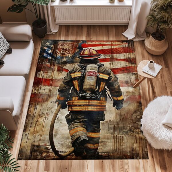 Proudly Patriotic: Personalized America Flag Fire Fighter Area Rug, Firefighter Rugs for Living Room Bedroom, Firefighter Rectangular Rugs Full Size FR159