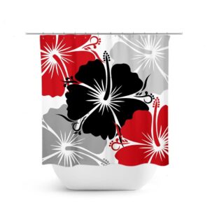 Red Black Gray Shower Curtain, Floral Shower Curtain, Shower Curtain Art Decor, Hibiscus Shower Curtain