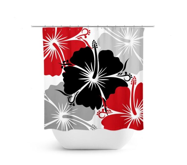 Red Black Gray Shower Curtain, Floral Shower Curtain, Shower Curtain Art Decor, Hibiscus Shower Curtain