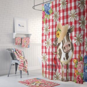 Red Gingham Cow Shower Curtain for Bathroom