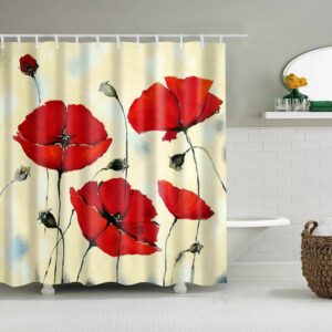 Red Poppy Flower Shower Curtain, Spring Summer Floral Beautiful Garden
