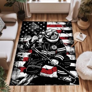 Red, White, and Courage: Personalized America Flag Fire Fighter Rug, Firefighter Rugs for Living Room Bedroom, Firefighter Rectangular Rugs Full Size FR150