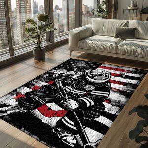 Red, White, and Courage: Personalized America Flag Fire Fighter Rug, Firefighter Rugs for Living Room Bedroom, Firefighter Rectangular Rugs Full Size FR150