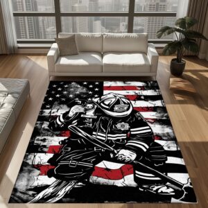 Red, White, and Courage: Personalized America Flag Fire Fighter Rug, Firefighter Rugs for Living Room Bedroom, Firefighter Rectangular Rugs Full Size FR150