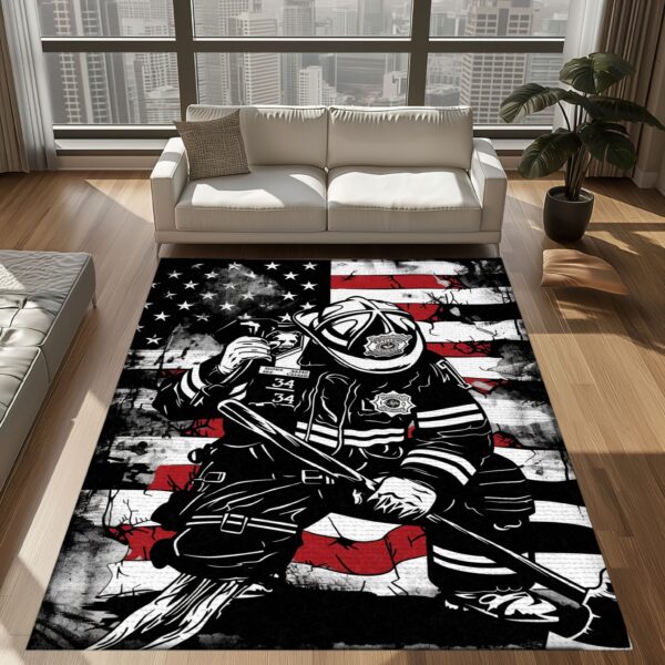 Red, White, and Courage: Personalized America Flag Fire Fighter Rug, Firefighter Rugs for Living Room Bedroom, Firefighter Rectangular Rugs Full Size FR150