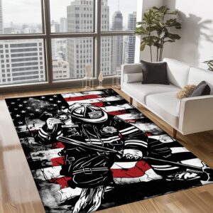 Red, White, and Courage: Personalized America Flag Fire Fighter Rug, Firefighter Rugs for Living Room Bedroom, Firefighter Rectangular Rugs Full Size FR150