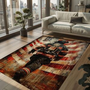Red, White, and Heroic: Personalized America Flag Fire Fighter Area Rug, Firefighter Rugs for Living Room Bedroom, Firefighter Rectangular Rugs Full Size FR157