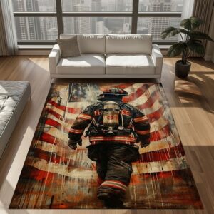 Red, White, and Heroic: Personalized America Flag Fire Fighter Area Rug, Firefighter Rugs for Living Room Bedroom, Firefighter Rectangular Rugs Full Size FR157