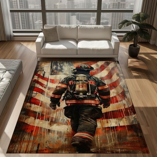 Red, White, and Heroic: Personalized America Flag Fire Fighter Area Rug, Firefighter Rugs for Living Room Bedroom, Firefighter Rectangular Rugs Full Size FR157