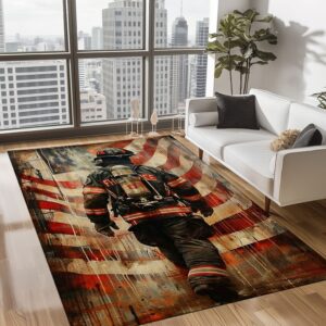 Red, White, and Heroic: Personalized America Flag Fire Fighter Area Rug, Firefighter Rugs for Living Room Bedroom, Firefighter Rectangular Rugs Full Size FR157