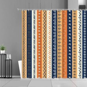 Retro Stripe Shower Curtain, Colorful Mid-Century Boho Vertical Blue Fabric Bathroom Curtain
