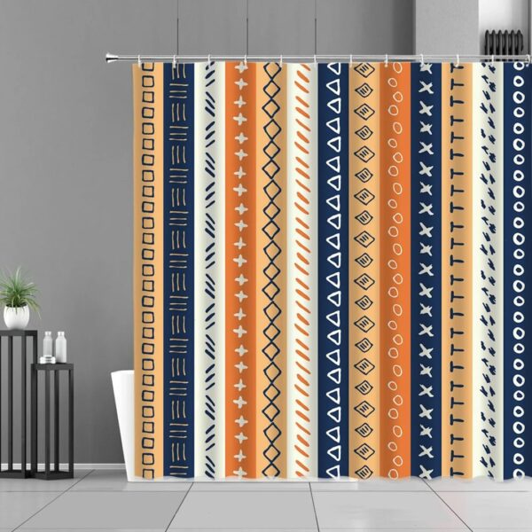 Retro Stripe Shower Curtain, Colorful Mid-Century Boho Vertical Blue Fabric Bathroom Curtain