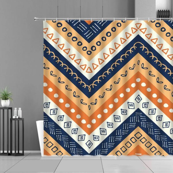 Retro Zigzag Shower Curtain, Colorful Mid-Century Ethnic Orange Blue Fabric Bathroom Curtain