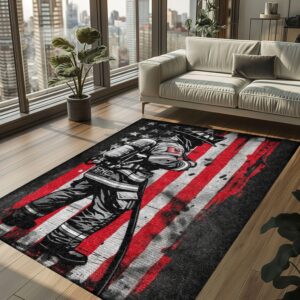 Salute to Bravery: Personalized American Flag Firefighter Area Rug, Firefighter Rugs for Living Room Bedroom, Firefighter Rectangular Rugs Full Size FR166