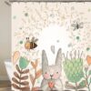 Santa Rabbit In Spring Garden Shower Curtain, Bee Butterfly Floral Tulip Flower Easter, Home Bath Decor