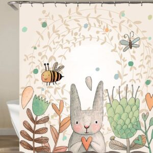 Santa Rabbit In Spring Garden Shower Curtain, Bee Butterfly Floral Tulip Flower Easter, Home Bath Decor