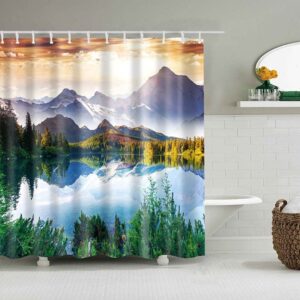 Scenic Lake By The Mountain Shower Curtain, Beautiful Forets Landscape Fabric Bathroom Curtain, Home Bath Room Decor Accessories