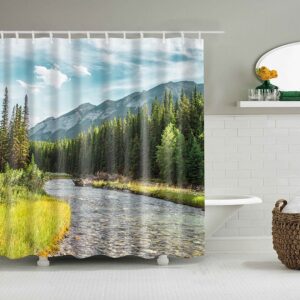 Scenic Mountain River View Shower Curtain, Outdoor Landscape Forest Pine Trees, Bathroom Curtain