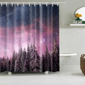 Starry Night In The Forest Shower Curtain, Purple Nature Star Tree Landscape Fabric Bathroom Curtain, Home Bath Decor