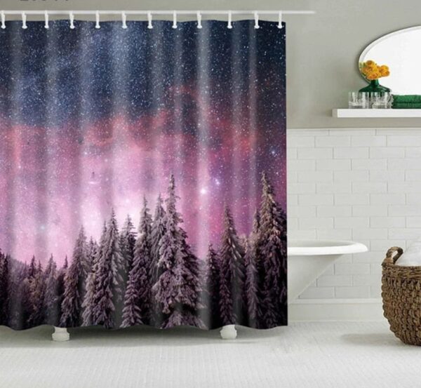 Starry Night In The Forest Shower Curtain, Purple Nature Star Tree Landscape Fabric Bathroom Curtain, Home Bath Decor
