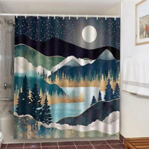 Starry Night In The Mountain Shower Curtain, Blue Nature Forest Landscape Fabric Bathroom Curtain, Home Bath Decor