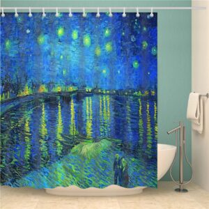 Starry Night Van Gogh Shower Curtain, Famous Dutch Painter Oil Painting Blue Bathroom Curtain, Home Bath Art Decor