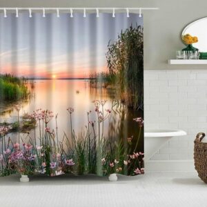 Sunrise By The Lake Shower Curtain, Scenic Morning Landscape Accessories, Bath Curtain