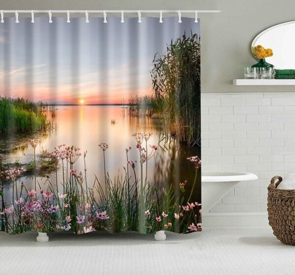Sunrise By The Lake Shower Curtain, Scenic Morning Landscape Accessories, Bath Curtain