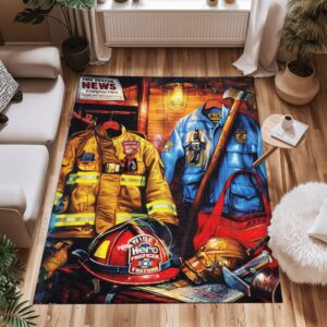 Symbolize Courage with Custom Firefighter's Gear and Memorabilia Area Rug, Firefighter Rugs for Living Room Bedroom, Firefighter Rectangular Rugs Full Size FR137