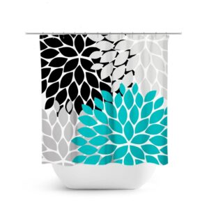 Teal Black Gray Shower Curtain, Floral Bath Curtain, Turquoise Bathroom, Fabric Shower Curtain, Girls Bathroom Decor