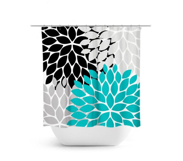 Teal Black Gray Shower Curtain, Floral Bath Curtain, Turquoise Bathroom, Fabric Shower Curtain, Girls Bathroom Decor
