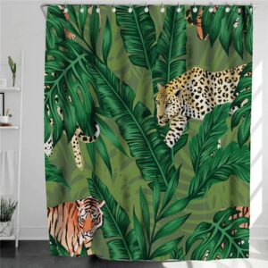 Tiger In The Forest Shower Curtain, Botanical Wildlife Animal Banana Palm Leaves Jungle, Home Bath Decor