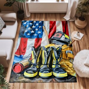 Tribute to Heroes: Personalized Firefighter's Gear and Memorabilia Area Rug, Firefighter Rugs for Living Room Bedroom, Firefighter Rectangular Rugs Full Size FR142
