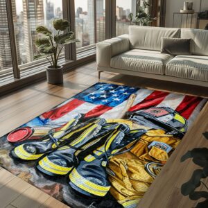Tribute to Heroes: Personalized Firefighter's Gear and Memorabilia Area Rug, Firefighter Rugs for Living Room Bedroom, Firefighter Rectangular Rugs Full Size FR142