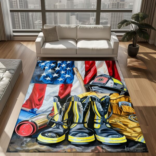 Tribute to Heroes: Personalized Firefighter's Gear and Memorabilia Area Rug, Firefighter Rugs for Living Room Bedroom, Firefighter Rectangular Rugs Full Size FR142