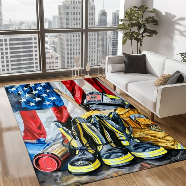 Tribute to Heroes: Personalized Firefighter's Gear and Memorabilia Area Rug, Firefighter Rugs for Living Room Bedroom, Firefighter Rectangular Rugs Full Size FR142