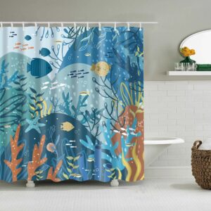 Underwater World Shower Curtain, Ocean Sea Corals Fish Starfish Seaweed Deep Water, Bathroom Curtain