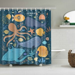 Underwater World Shower Curtain, Ocean Sea Fish Whale Squid Jellyfish Coral Seaweed, Bath Tub Curtain Accessories