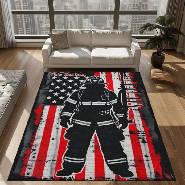 United We Stand: Personalized Firefighter Rug with American Flag Motif, Firefighter Rugs for Living Room Bedroom, Firefighter Rectangular Rugs Full Size FR178