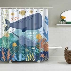 Whale And Fish Shower Curtain, Underwater World Ocean Sea Fishes Corals Starfish, Bathroom Curtain